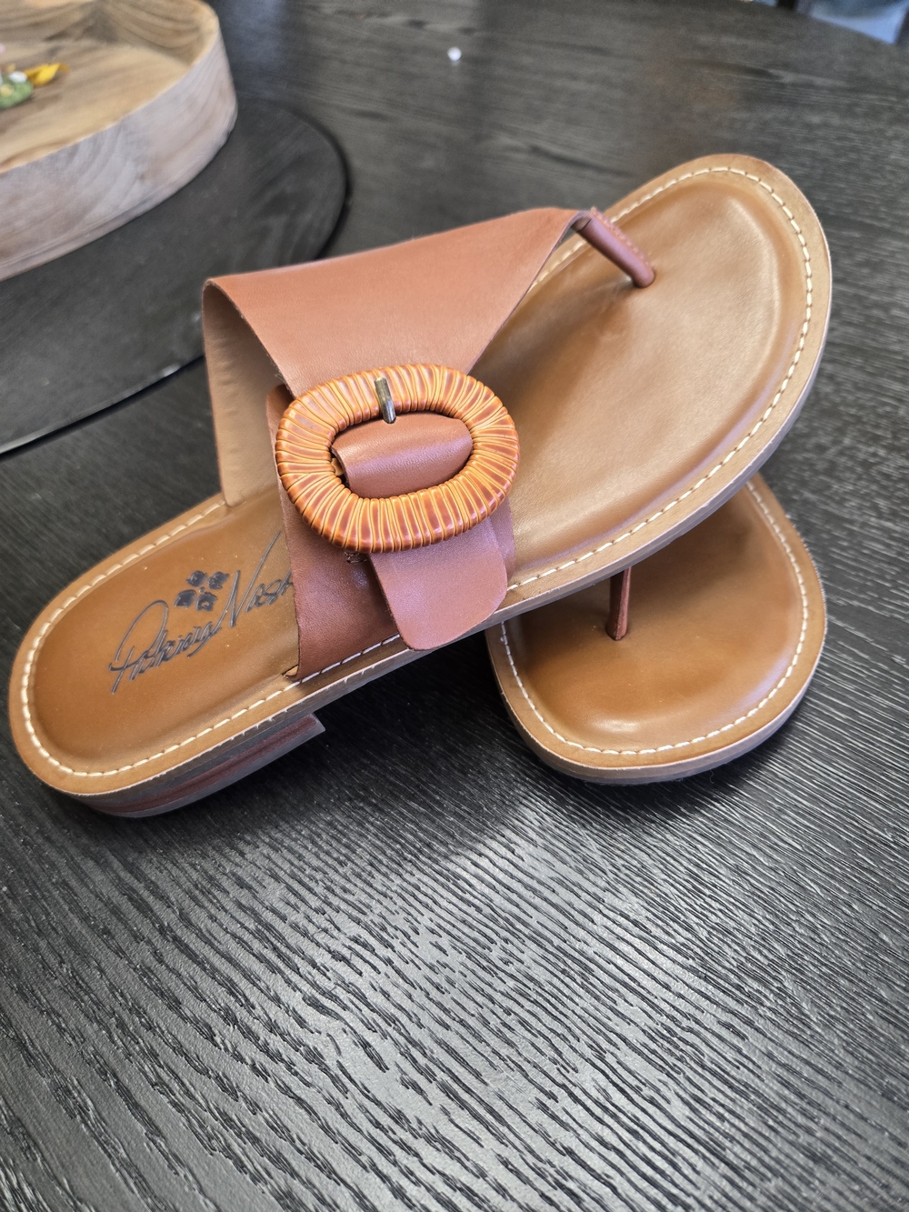 Patricia Nash Cognac Leather Thong Sandals with Woven Buckle - Picture 2 of 4